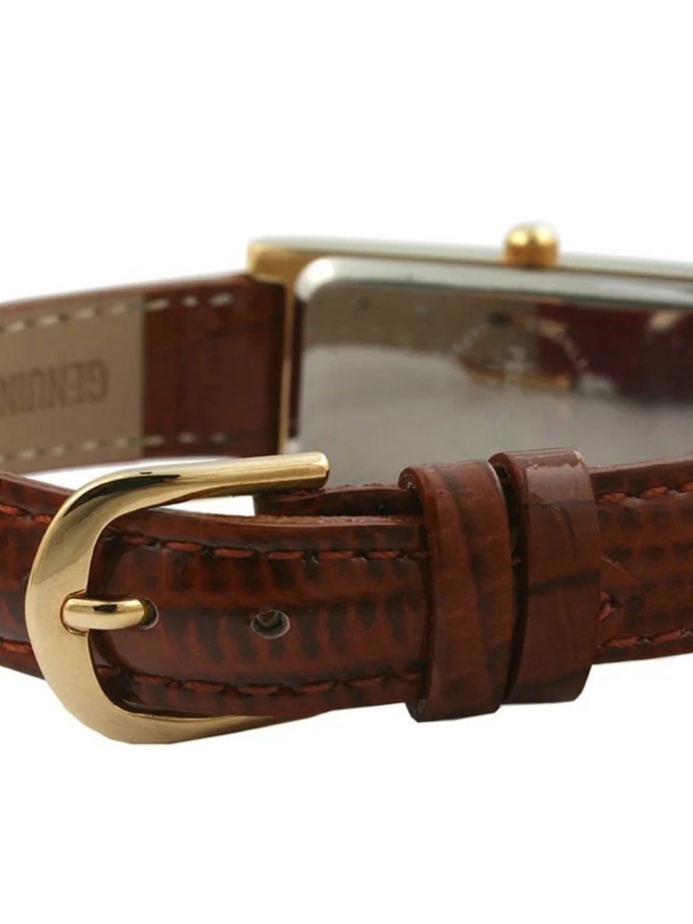 CLOSET CLOSING - Last Call! Peugeot Gold Tone Rectangular Watch with Brown Strap - Picture 2 of 7